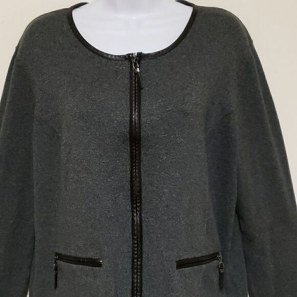 🌹Rafaella Charcol Gray Faux Leather Trim Zip Up Cardigan Sweater, Pockets sz L - Picture 4 of 9